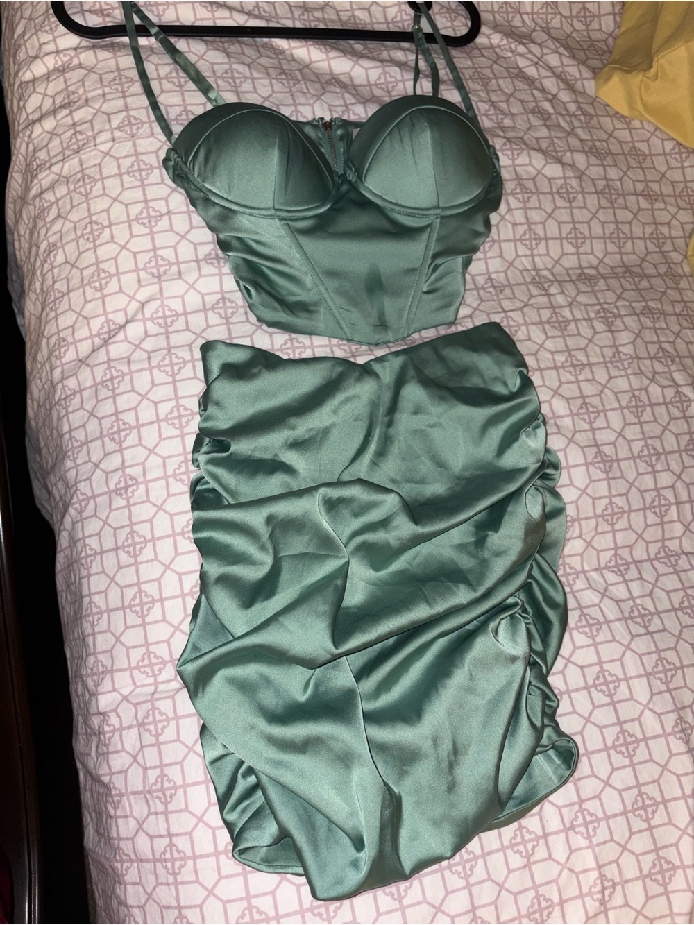 Oh Polly Satin Green Ruched Mini 2-piece dress Set